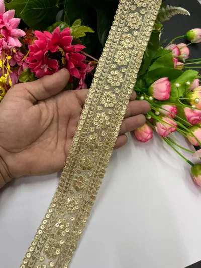 Flower Design Sequins Embroidered Zari Lace - Gold